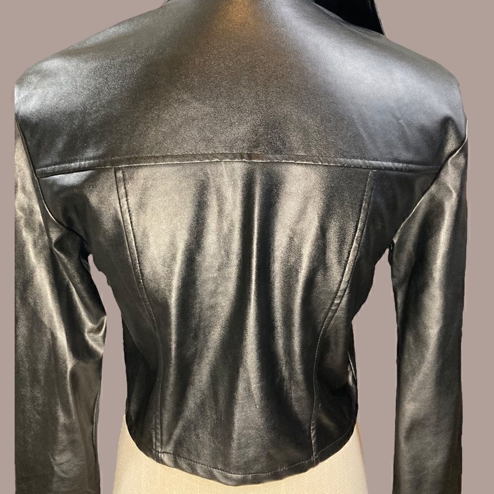 Black Faux Leather Cropped Button Down Lightweight Jacket - Picture 4 of 13